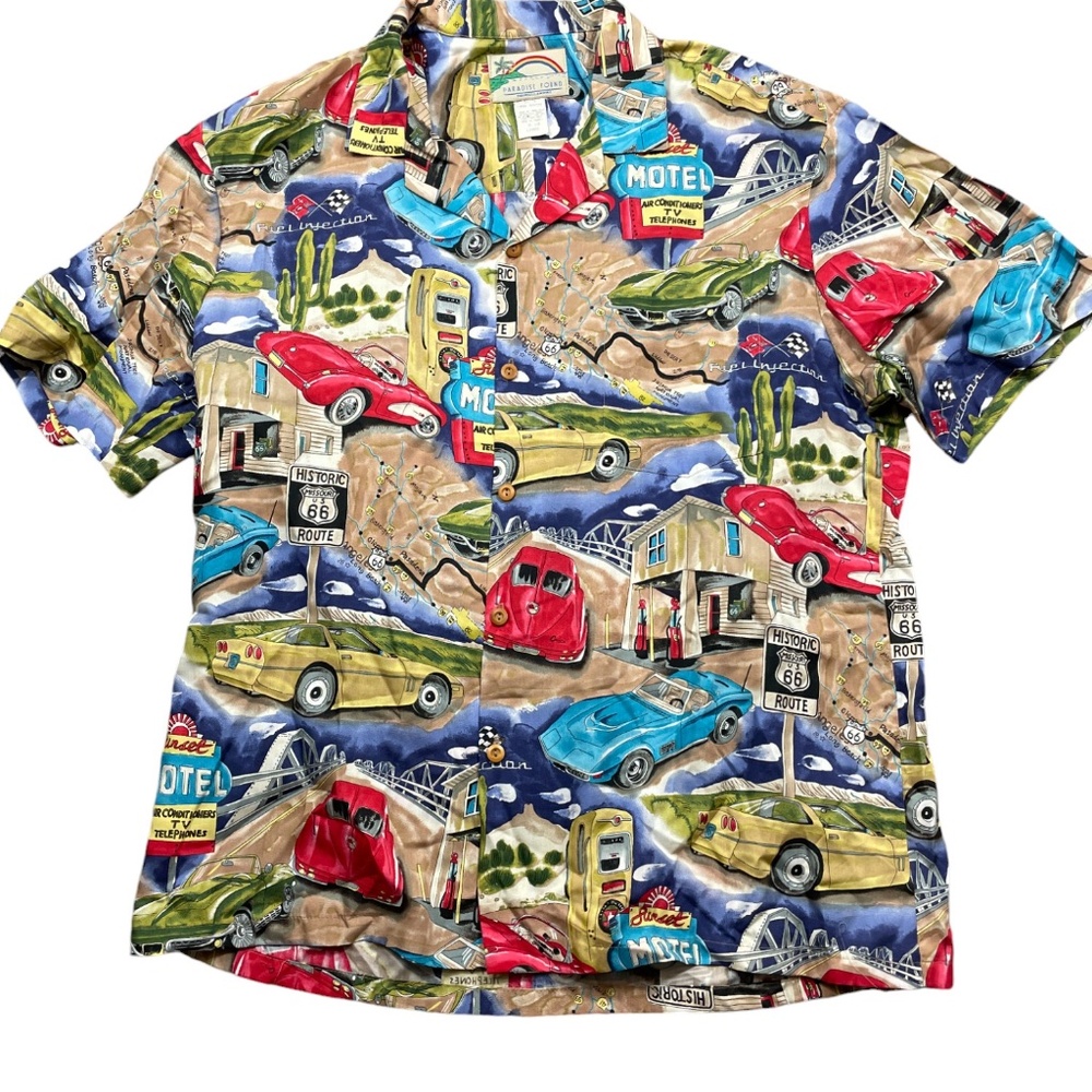 Paradise Found Large Vintage Mens Short Sleeve Button Up‎ Route 66 Car Shirt